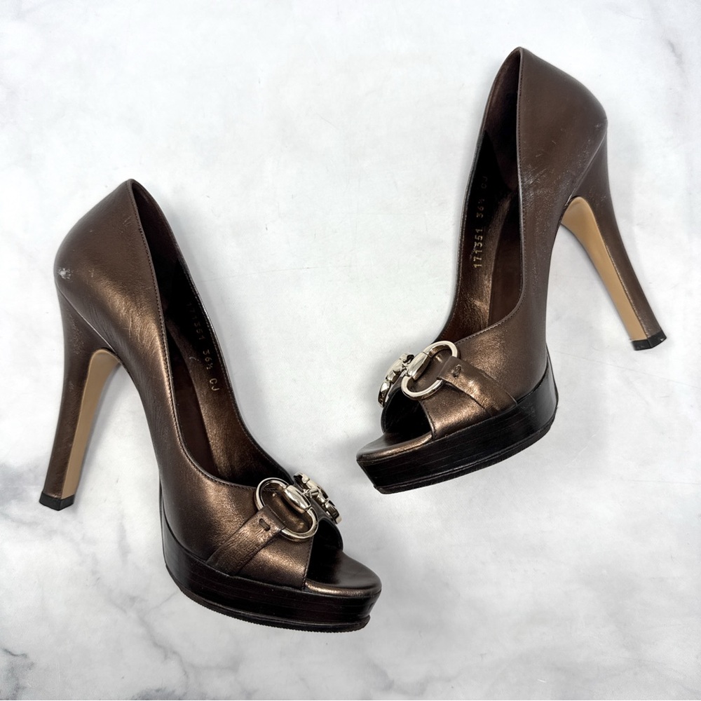 GUCCI Vintage Y2K Hollywood Horsebit Metallic Leather Platform Pump Heels Bronze - Picture 7 of 16